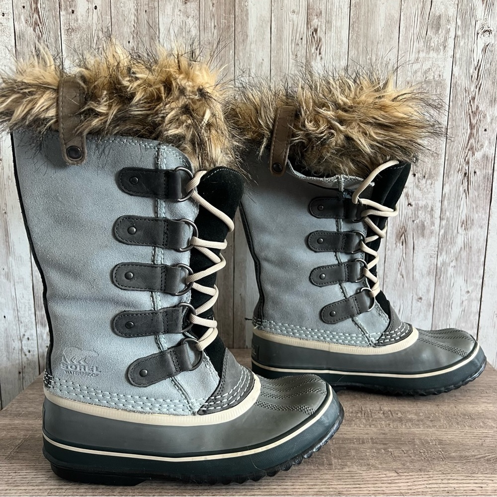Sorel Joan of Arctic Blue Suede Fur Winter Snow Boots Womens 6